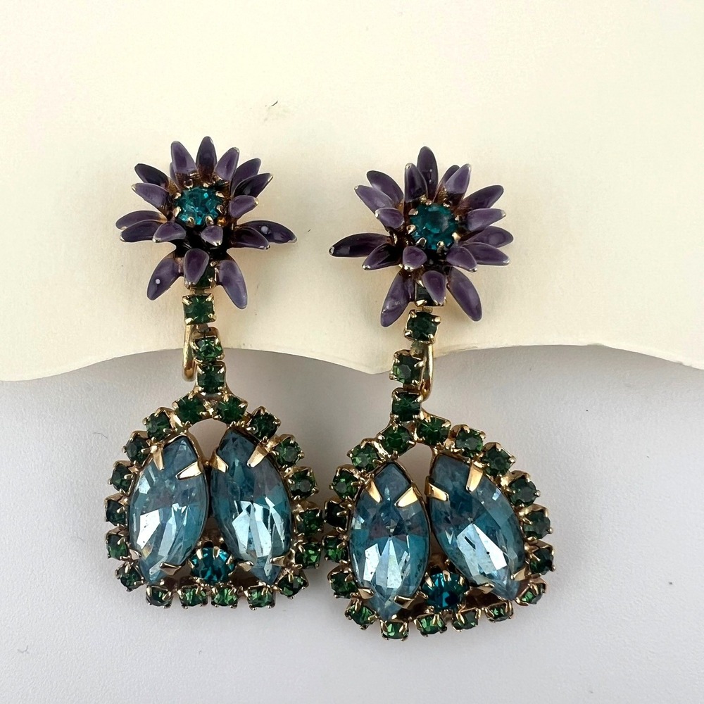 Vintage Pineapple Clip On Dangle Earrings Blue Green Rhinestones Purple Enamel